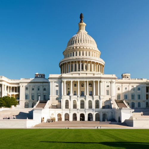 A majestic exterior view of the United States Capitol Building in Washington D.C., showcasing its grand white marble neoclassical architecture and iconic dome, bathed in golden hour sunlight. Lush green lawns surround the building under a clear sky. A diverse group of adult professional visitors, fully clothed in appropriate, modest attire, are respectfully observing the magnificent structure. The composition emphasizes the building's historical significance and grandeur. Professional photography, high quality, intricate details, perfect anatomy, correct proportions, natural pose, well-formed hands, proper finger count, natural body proportions, safe for work, appropriate content, family-friendly.