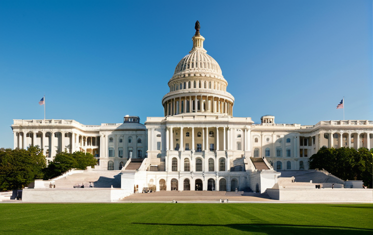 A majestic exterior view of the United States Capitol Building in Washington D.C., showcasing its grand white marble neoclassical architecture and iconic dome, bathed in golden hour sunlight. Lush green lawns surround the building under a clear sky. A diverse group of adult professional visitors, fully clothed in appropriate, modest attire, are respectfully observing the magnificent structure. The composition emphasizes the building's historical significance and grandeur. Professional photography, high quality, intricate details, perfect anatomy, correct proportions, natural pose, well-formed hands, proper finger count, natural body proportions, safe for work, appropriate content, family-friendly.