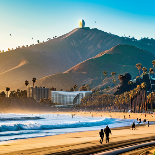 미국 주 State 별 특징 - **A dynamic collage representing California's diverse appeal.** In the foreground, a vibrant, sun-dr...
