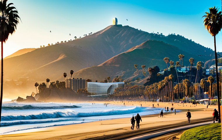 미국 주 State 별 특징 - **A dynamic collage representing California's diverse appeal.** In the foreground, a vibrant, sun-dr...