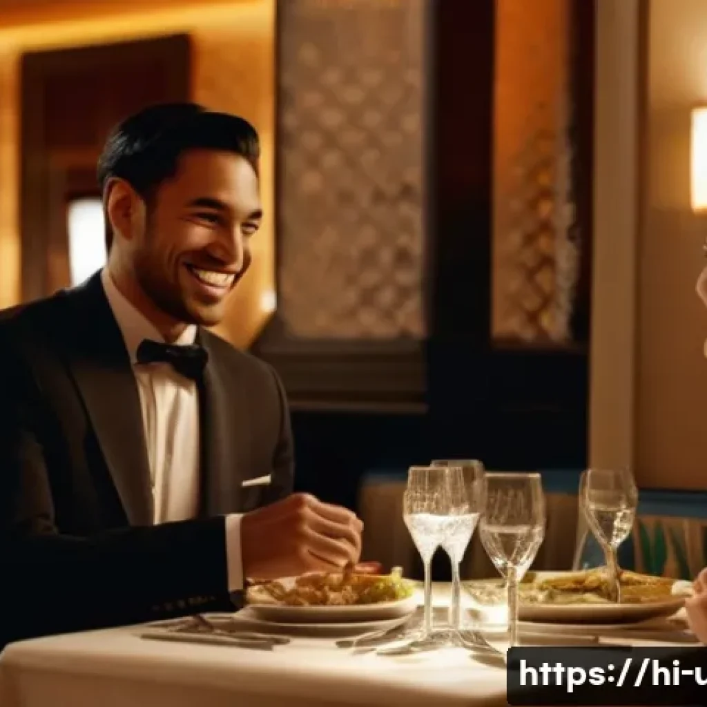 미국 여행 중 팁 문화 - **Prompt:** A heartwarming scene inside a bustling, well-lit restaurant. A neatly dressed male waite...
