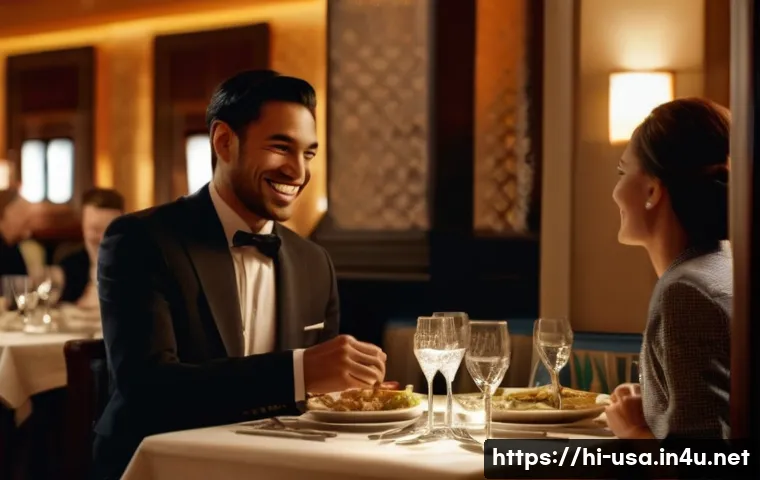 미국 여행 중 팁 문화 - **Prompt:** A heartwarming scene inside a bustling, well-lit restaurant. A neatly dressed male waite...