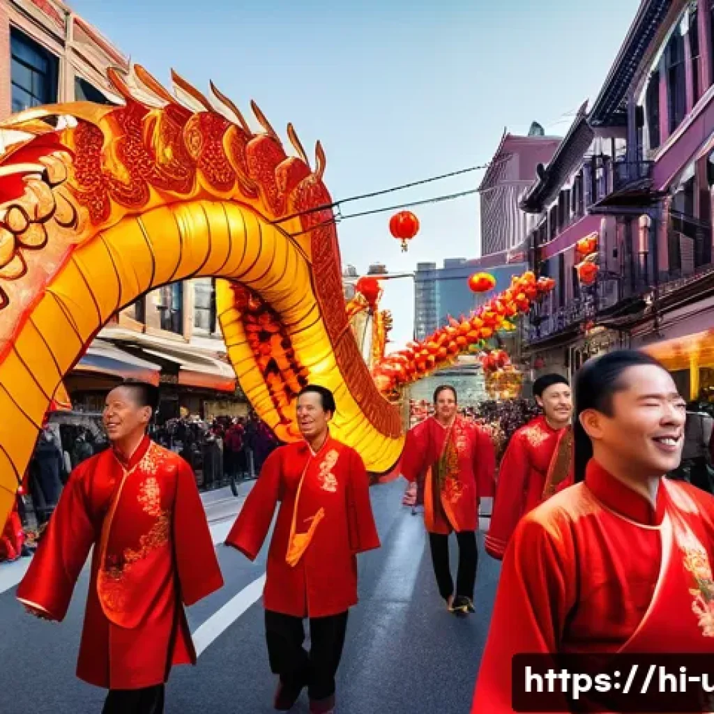 미국 내 중국계 커뮤니티 - **Vibrant Chinatown Lunar New Year Celebration:** A dynamic and brightly lit street scene in an Amer...