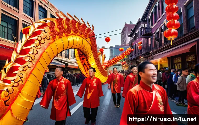 미국 내 중국계 커뮤니티 - **Vibrant Chinatown Lunar New Year Celebration:** A dynamic and brightly lit street scene in an Amer...