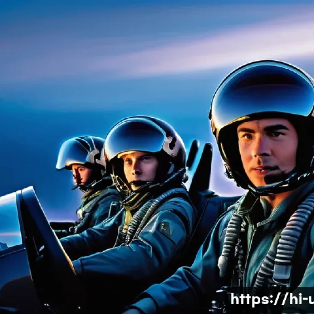 미국 UFO 미스터리 - A detailed scene depicting a group of trained military pilots in modern fighter jet cockpits during ...