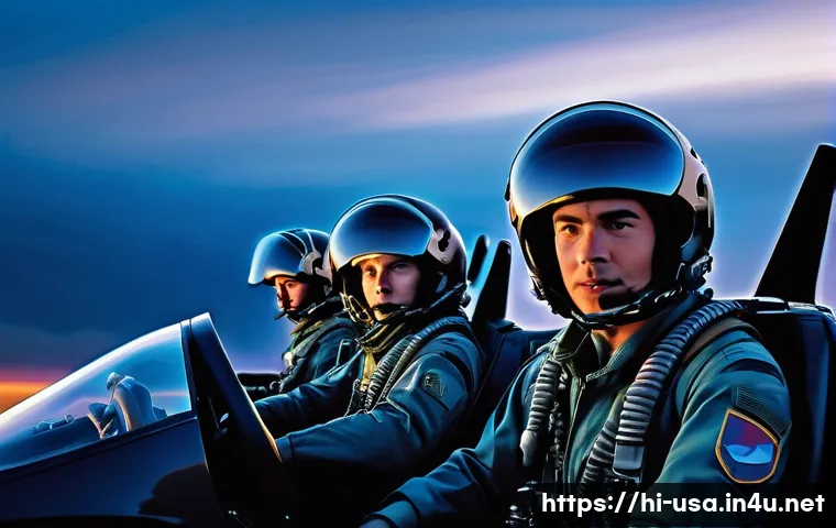미국 UFO 미스터리 - A detailed scene depicting a group of trained military pilots in modern fighter jet cockpits during ...