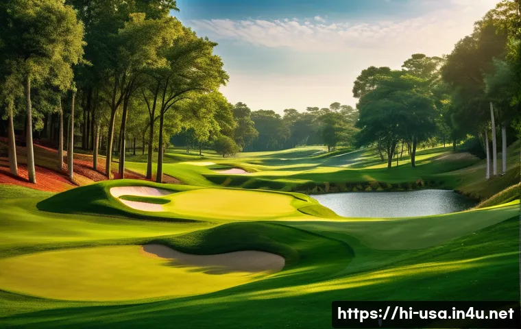 미국 명문 골프 코스 - A stunning American golf course set in lush greenery with vibrant waterfalls and dense bushes, showc...
