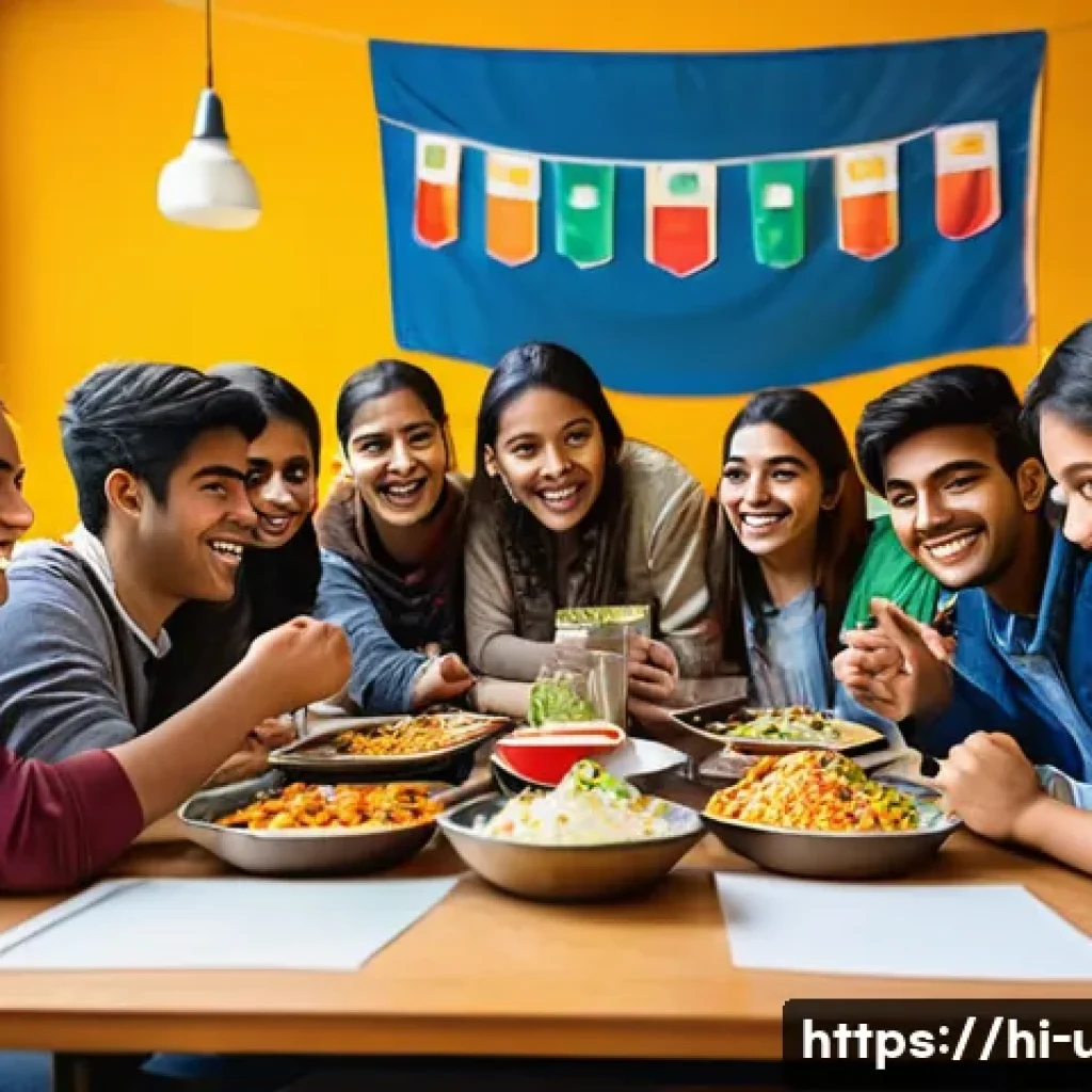 미국 대학교 기숙사 생활 - A vibrant college hostel common room filled with diverse international students from India, China, M...