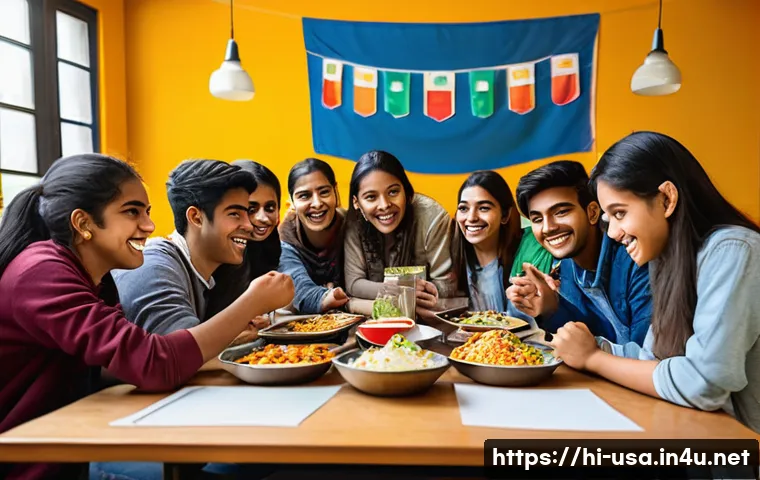 미국 대학교 기숙사 생활 - A vibrant college hostel common room filled with diverse international students from India, China, M...