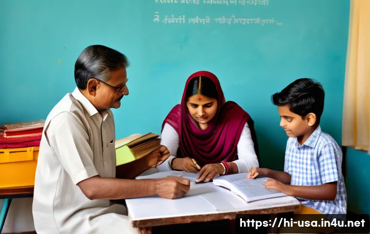 미국 홈스쿨링 문화 - A warm, inviting homeschooling environment in an Indian family home, showing Hindi-speaking parents ...
