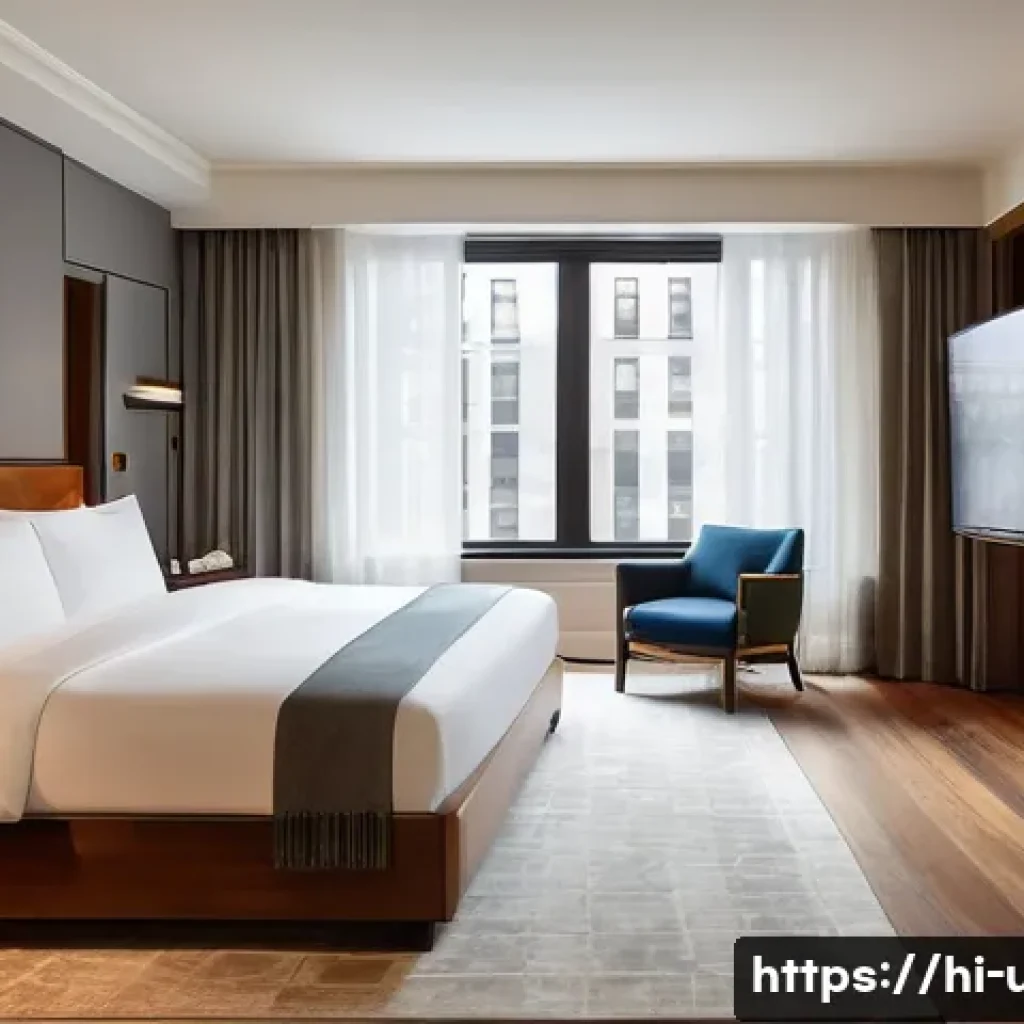 미국 유명 호텔 리뷰 - A luxurious hotel suite in Manhattan, New York, featuring a spacious bedroom with a king-sized bed a...