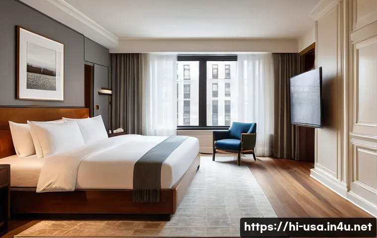 미국 유명 호텔 리뷰 - A luxurious hotel suite in Manhattan, New York, featuring a spacious bedroom with a king-sized bed a...