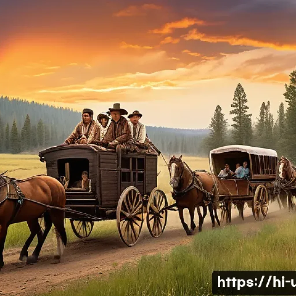 미국 서부 개척시대 역사 - A detailed scene of a diverse group of pioneer families traveling westward through dense forests and...