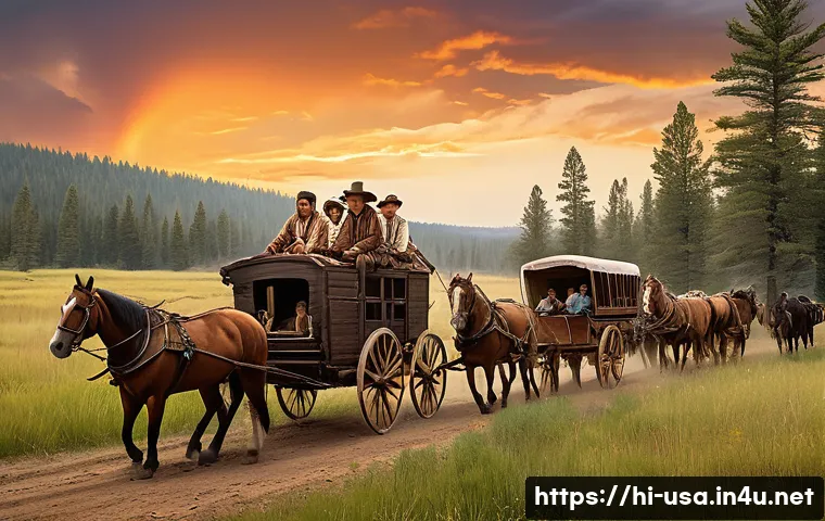 미국 서부 개척시대 역사 - A detailed scene of a diverse group of pioneer families traveling westward through dense forests and...