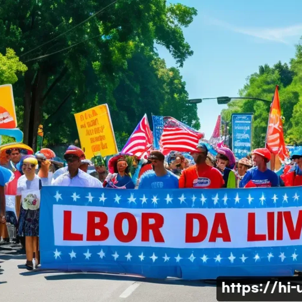 미국 노동절과 공휴일 - A vibrant Labor Day parade scene in an American city park during early September, featuring diverse ...