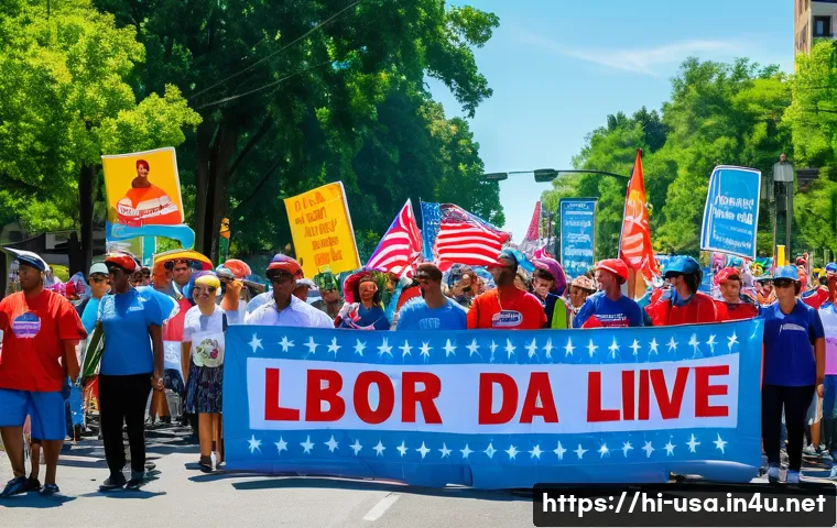 미국 노동절과 공휴일 - A vibrant Labor Day parade scene in an American city park during early September, featuring diverse ...