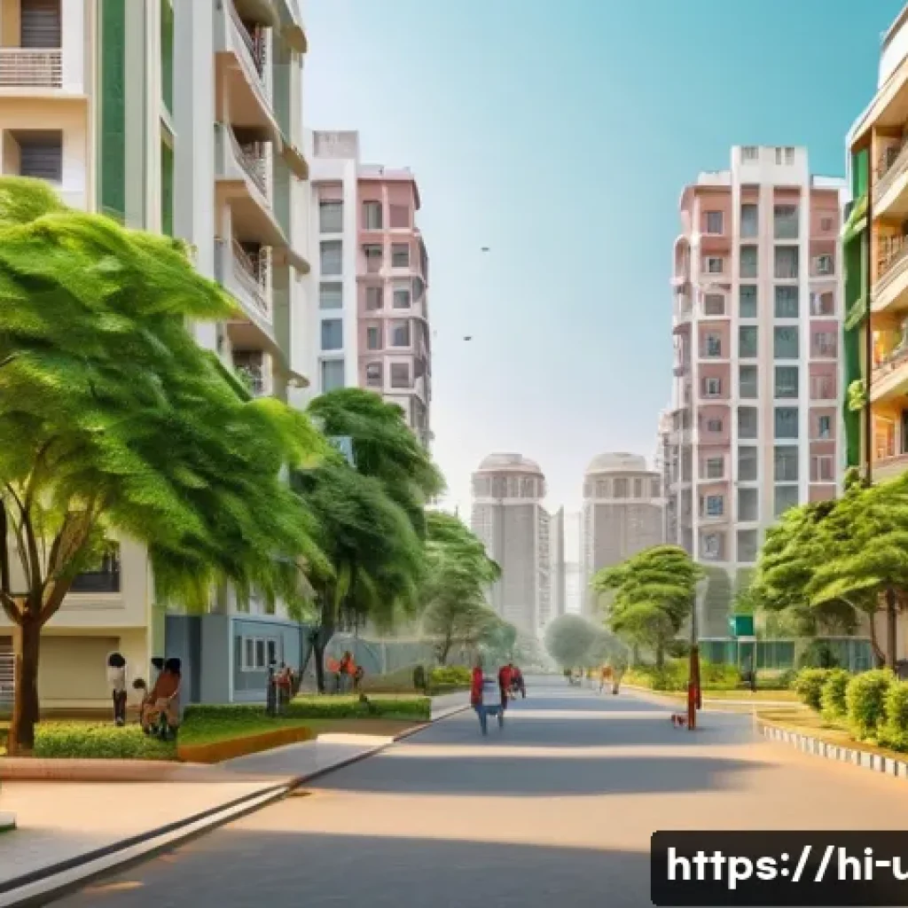 미국 아파트 렌트 가이드 - A peaceful residential neighborhood in India with modern apartment buildings, clean streets, and wel...