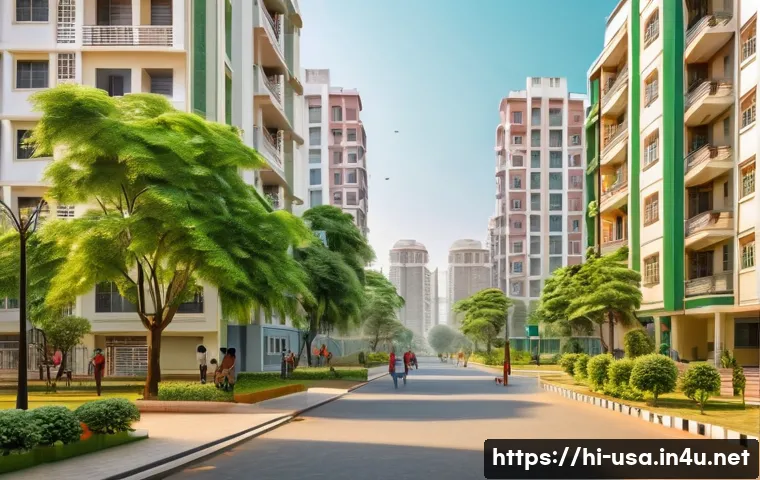 미국 아파트 렌트 가이드 - A peaceful residential neighborhood in India with modern apartment buildings, clean streets, and wel...