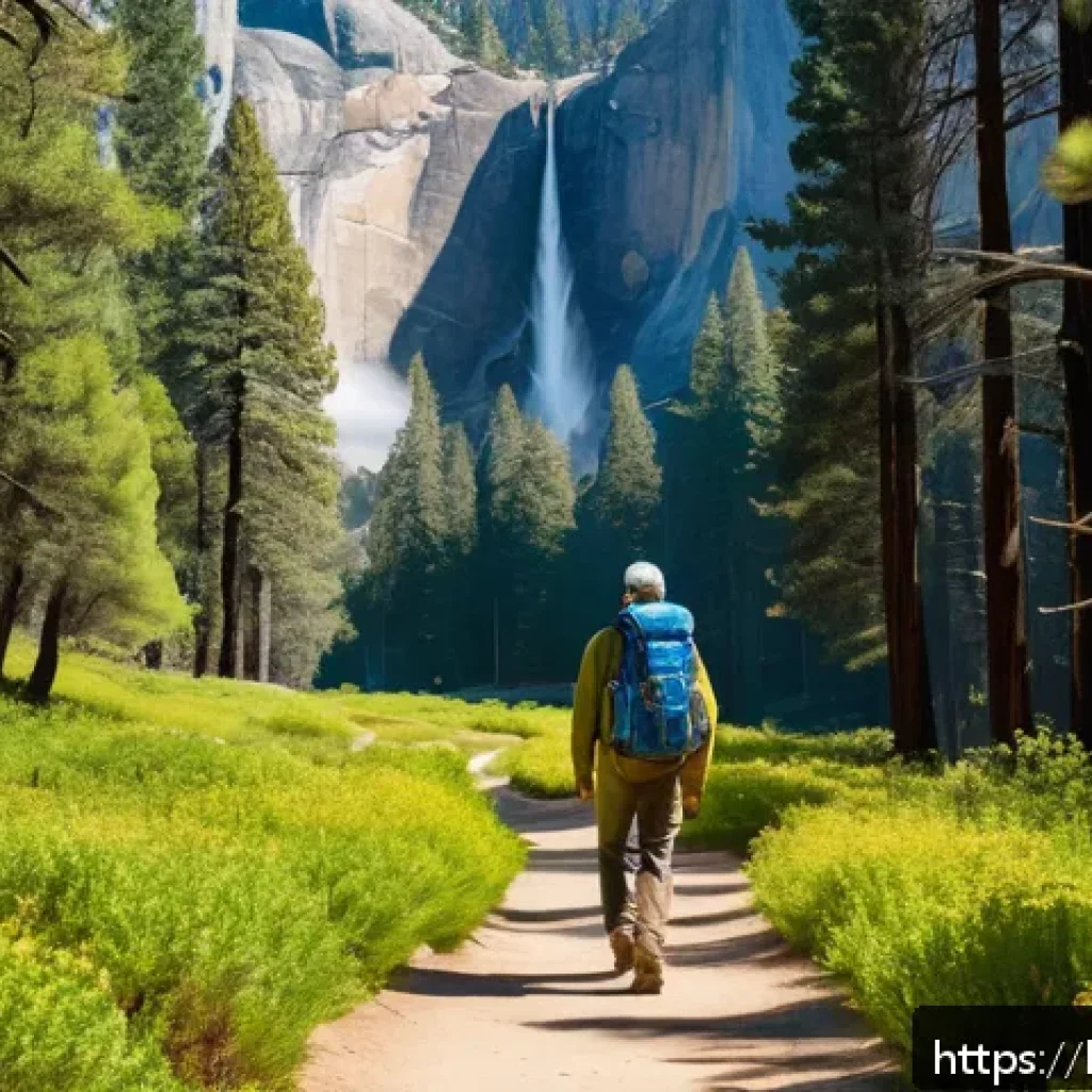 미국 서부여행 추천 루트 - A scenic hiking trail in Yosemite National Park during early morning, bathed in soft golden sunlight...
