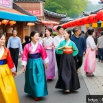 Home 22 미국 한인타운 위치 - A vibrant Korean Town street scene during a cultural festival, featuring people of all ages dressed ...