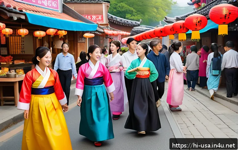 미국 한인타운 위치 - A vibrant Korean Town street scene during a cultural festival, featuring people of all ages dressed ...