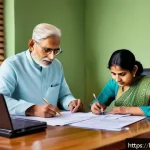 Home 20 미국 영주권 신청 절차 - A detailed and realistic scene of an Indian family preparing green card application documents at a h...