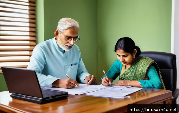 미국 영주권 신청 절차 - A detailed and realistic scene of an Indian family preparing green card application documents at a h...
