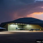 Home 19 미국 에어리어 51 - A highly secure, secretive military airbase in a remote desert landscape during dusk, featuring adva...