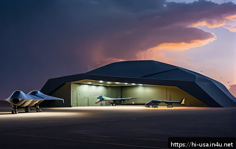 미국 에어리어 51 - A highly secure, secretive military airbase in a remote desert landscape during dusk, featuring adva...
