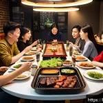 Home 18 미국 속 한국 문화 - A lively Korean BBQ restaurant scene in New York City, showing a diverse group of young adults and f...
