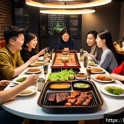 Home 30 미국 속 한국 문화 - A lively Korean BBQ restaurant scene in New York City, showing a diverse group of young adults and f...