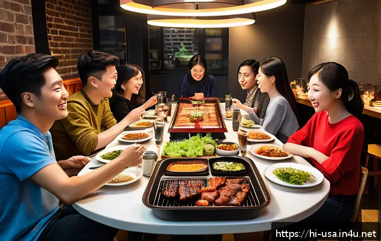 미국 속 한국 문화 - A lively Korean BBQ restaurant scene in New York City, showing a diverse group of young adults and f...