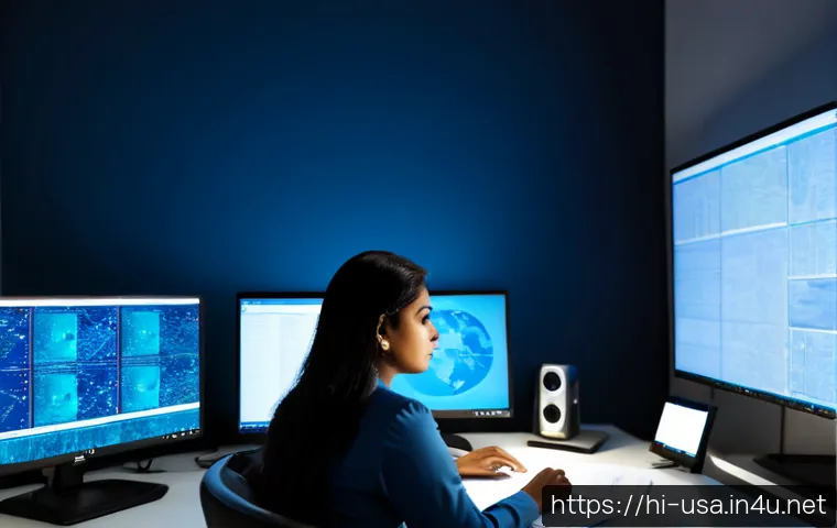 미국 정보기관 CIA 활동 - Photorealistic intelligence analysis office at dusk, a focused South Asian female analyst in modest ...