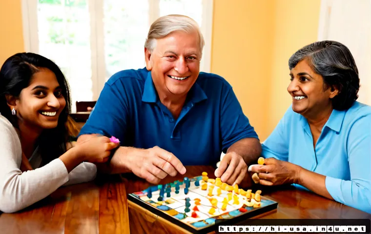 Home 15 미국에서 인기 있는 보드게임 - Photorealistic cozy American family game night, three generations gathered around a wooden dining ta...