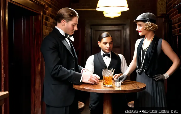미국 금주법 시대 - Photorealistic 1920s American Prohibition-era scene, a discreet basement speakeasy with well-dressed...