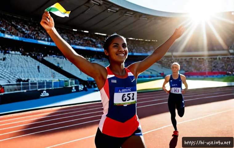 Home 30 미국 올림픽 성적 - Photorealistic Olympic-style athletics stadium at golden hour, a diverse United States track team in...