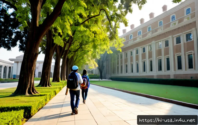 Home 17 미국 대학 랭킹 - Photorealistic wide-angle view of a prestigious American university campus at golden morning light, ...
