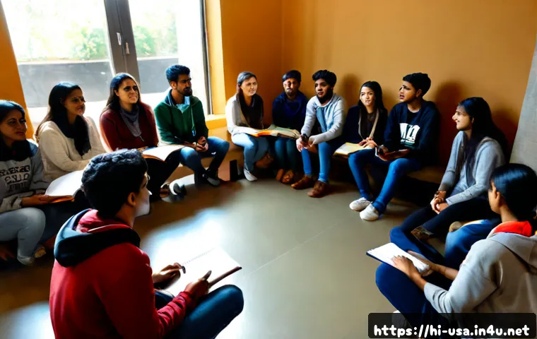 Home 17 미국 대학 동아리 문화 - Photorealistic American university student club meeting in a bright modern campus lounge, diverse co...